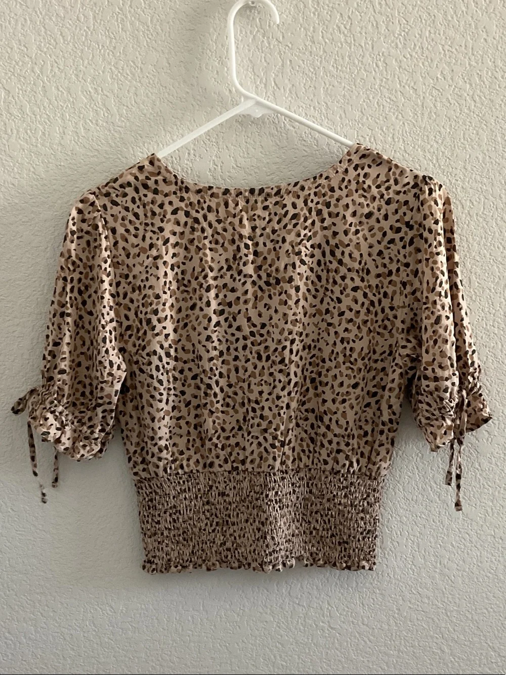 Abercrombie & Fitch Beige Leopard Print V-Neck Smocked Waist Top